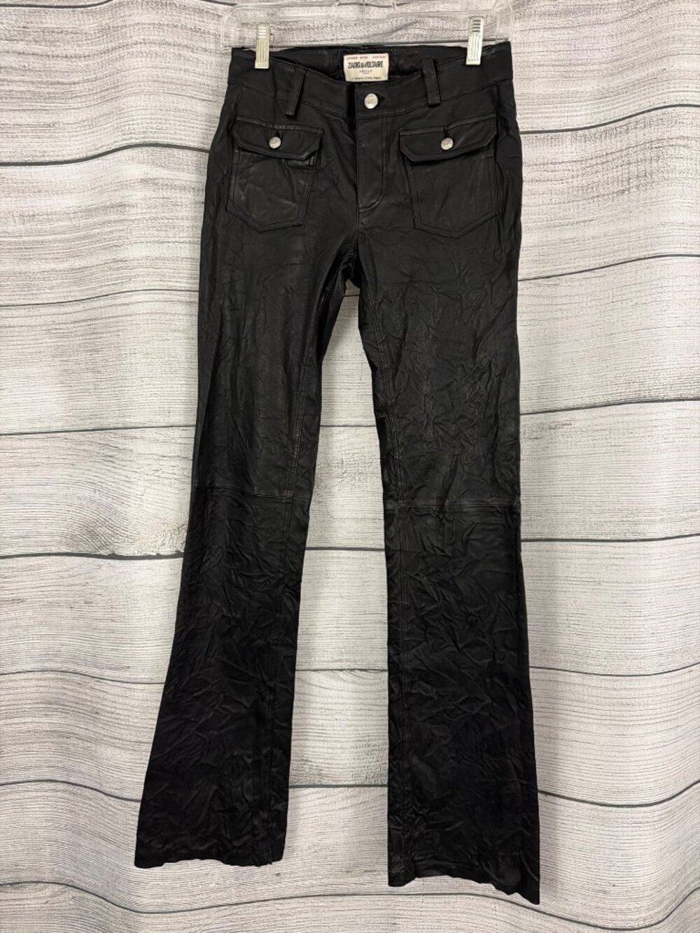 Zadig & Voltaire Black Faux Leather Flare Hippie Cuir Froisse Pants Size 34